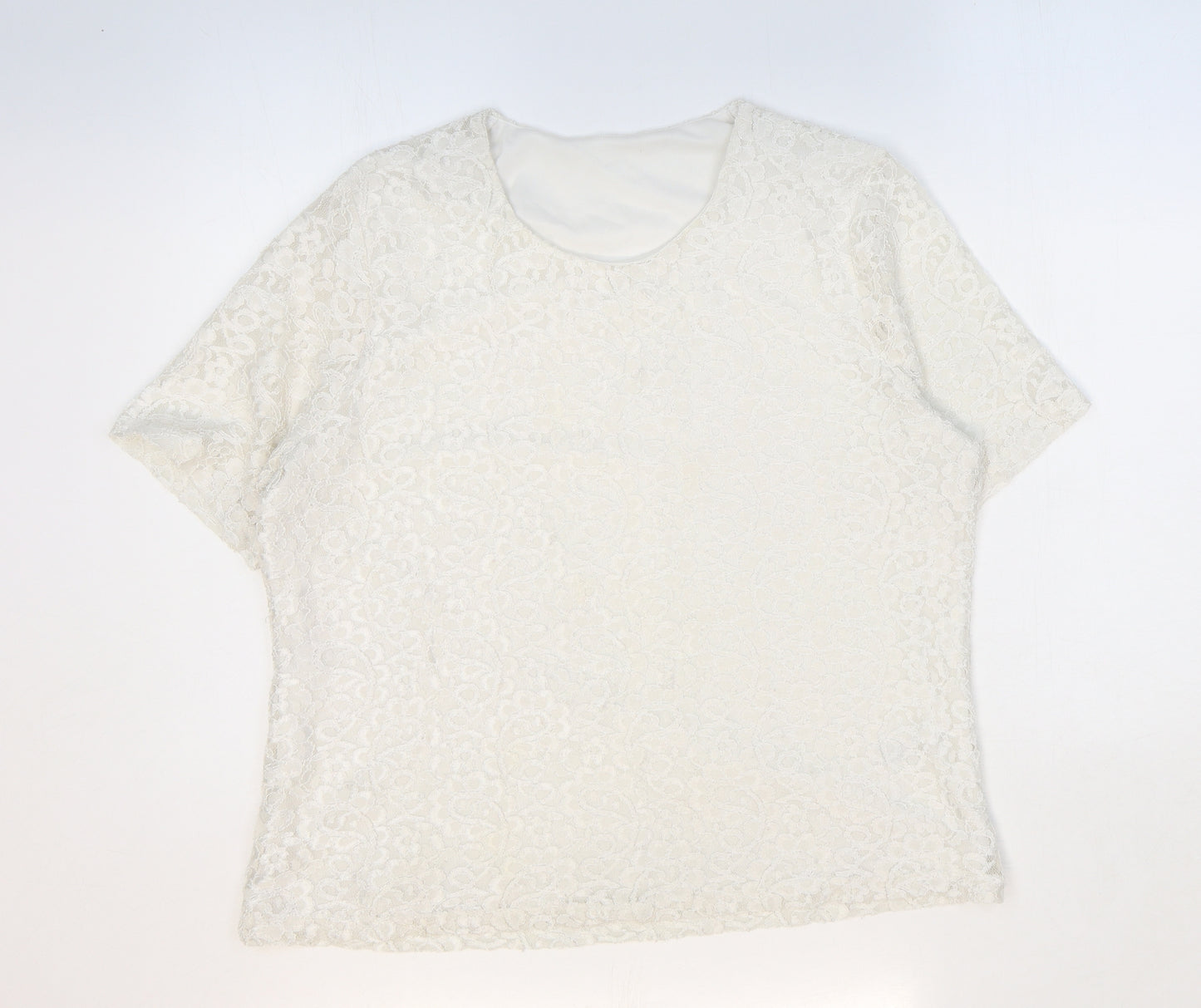 Preworn Womens White Floral Polyamide Basic T-Shirt Size 16 Round Neck