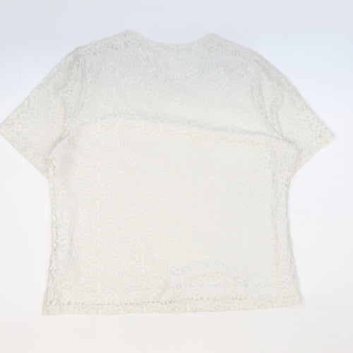 Preworn Womens White Floral Polyamide Basic T-Shirt Size 16 Round Neck