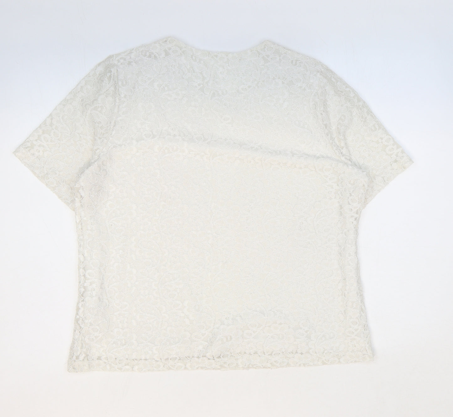 Preworn Womens White Floral Polyamide Basic T-Shirt Size 16 Round Neck