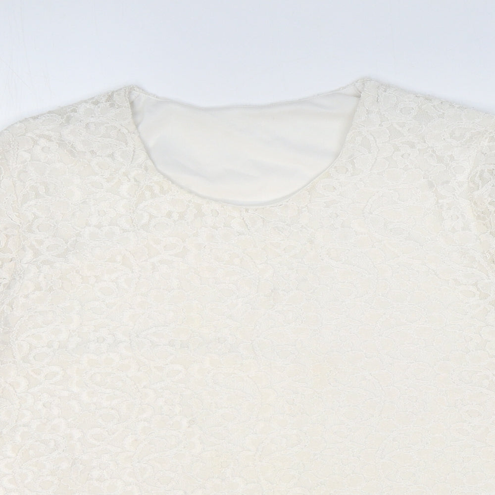 Preworn Womens White Floral Polyamide Basic T-Shirt Size 16 Round Neck