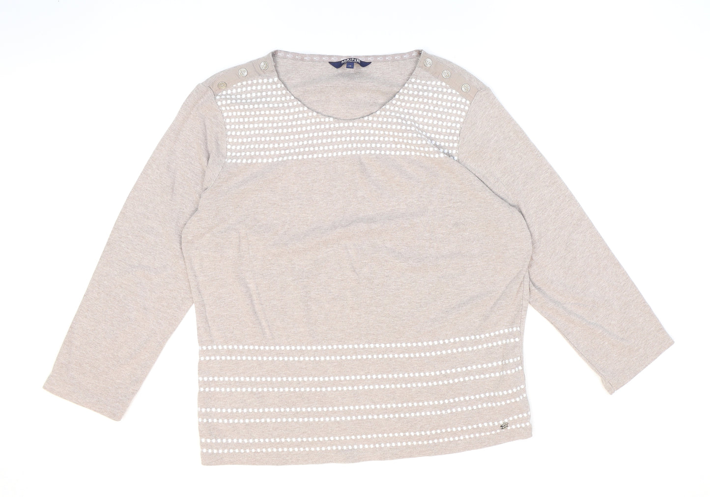Maine New England Womens Beige Geometric Cotton Basic T-Shirt Size 14 Round Neck
