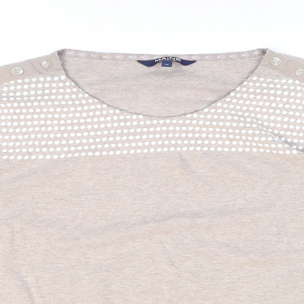 Maine New England Womens Beige Geometric Cotton Basic T-Shirt Size 14 Round Neck