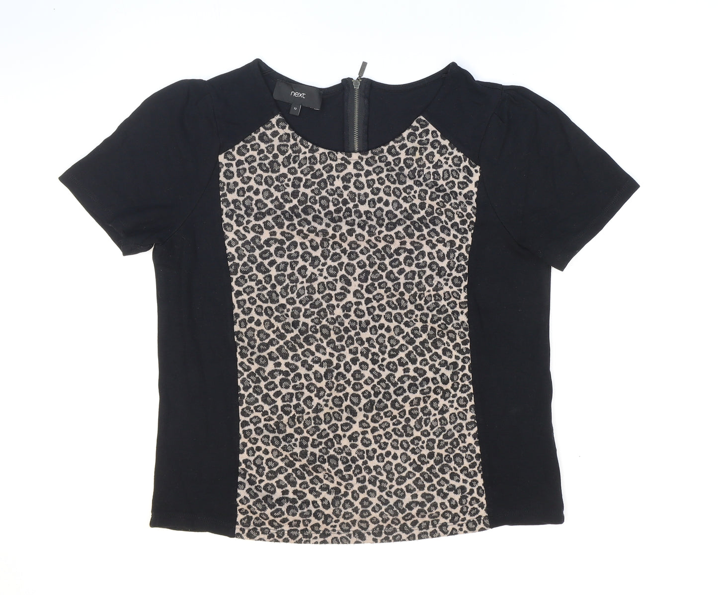NEXT Womens Black Animal Print Acrylic Basic T-Shirt Size 12 Round Neck