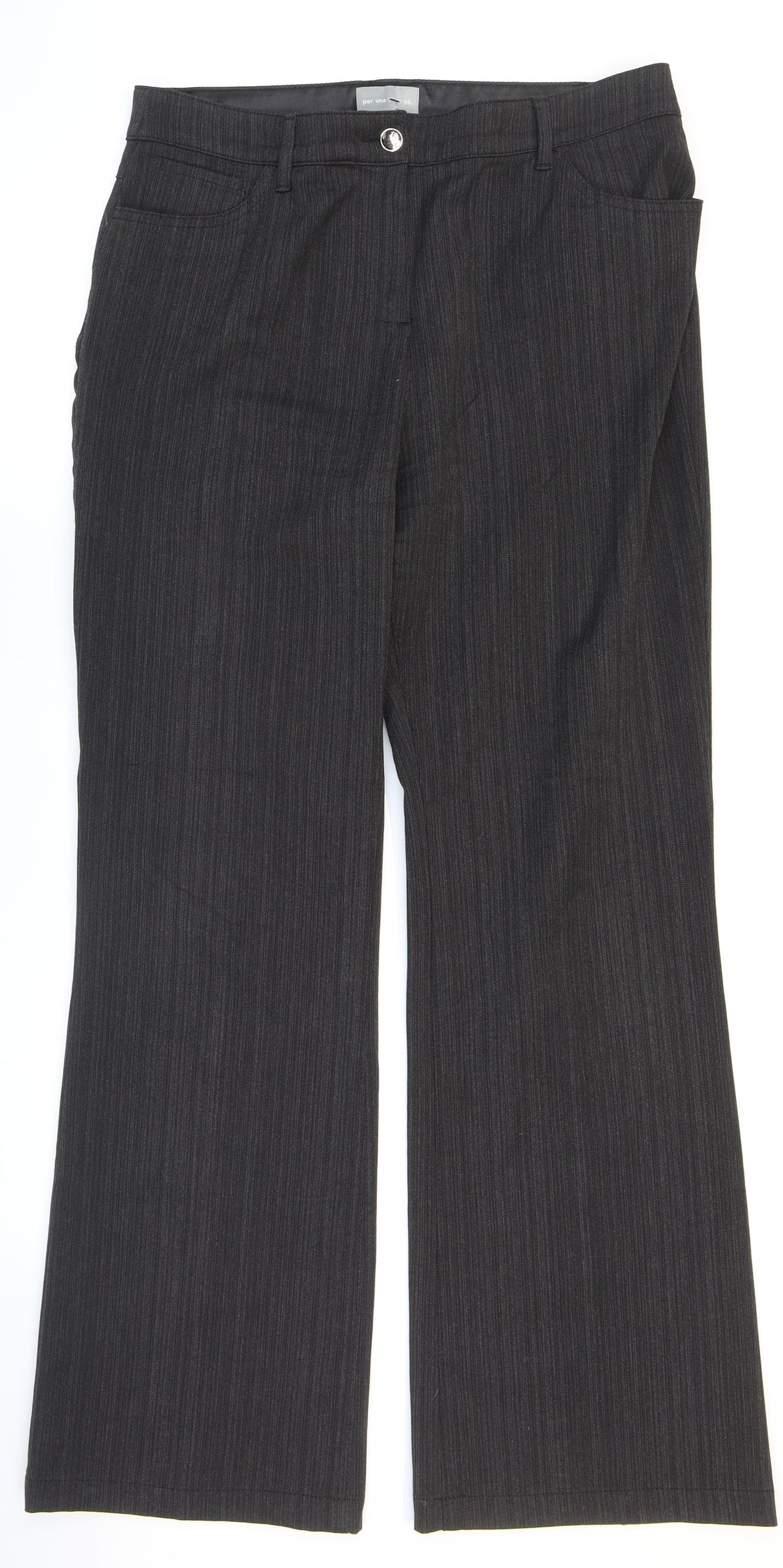 Per Una Womens Black Striped Polyester Trousers Size 14 L31 in Regular Zip