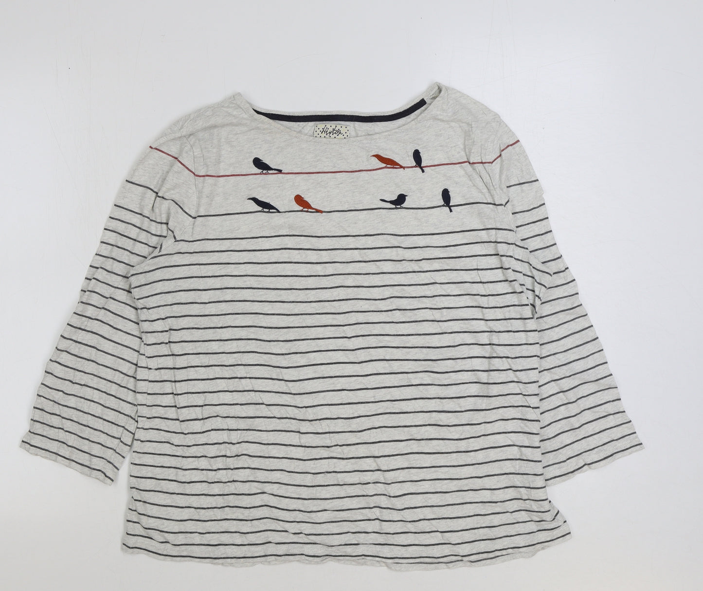Heyton Womens Grey Striped Cotton Basic T-Shirt Size L Round Neck - Bird Pattern