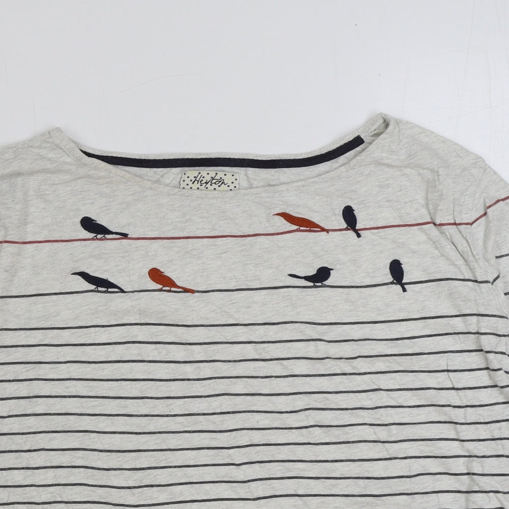 Heyton Womens Grey Striped Cotton Basic T-Shirt Size L Round Neck - Bird Pattern