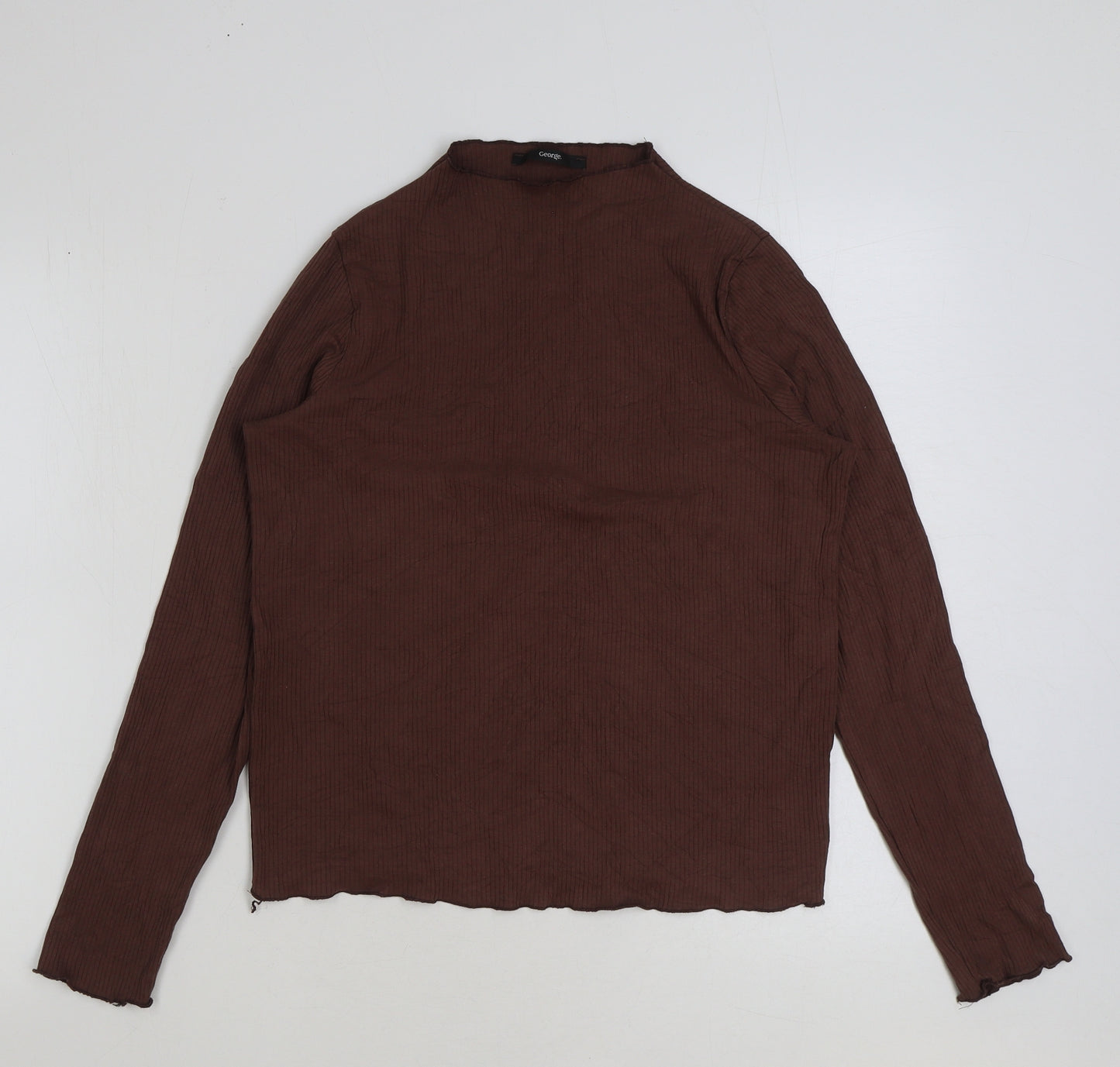George Womens Brown Polyester Basic T-Shirt Size 12 Mock Neck - Ribbed Lettuce Hem