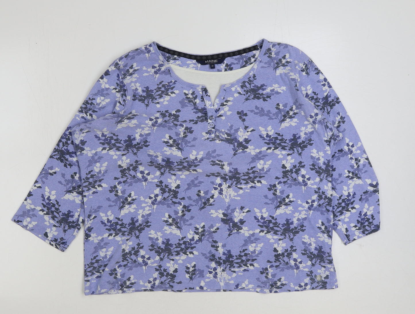 Maine Womens Blue Floral Polyester Basic T-Shirt Size 20 Round Neck