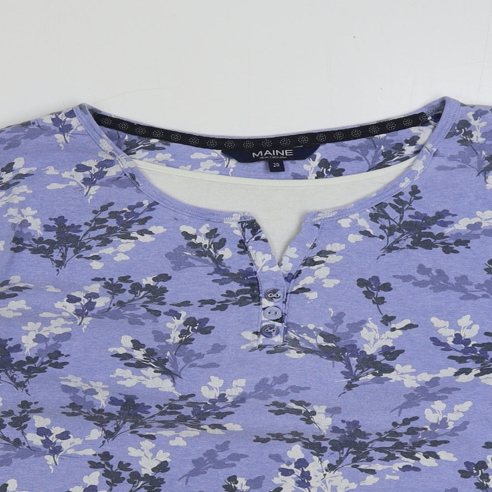 Maine Womens Blue Floral Polyester Basic T-Shirt Size 20 Round Neck