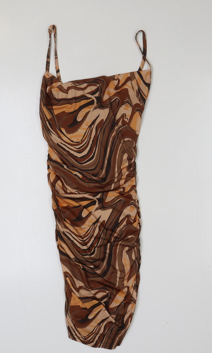 PRETTYLITTLETHING Womens Brown Geometric Polyester Pencil Dress Size 8 Square Neck Pullover