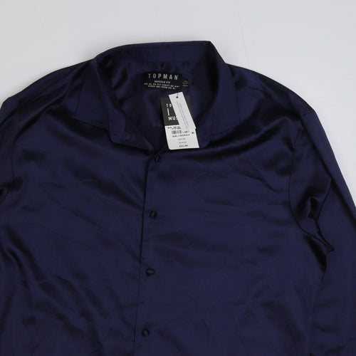 Topman Mens Blue Polyester Dress Shirt Size XL Collared Button