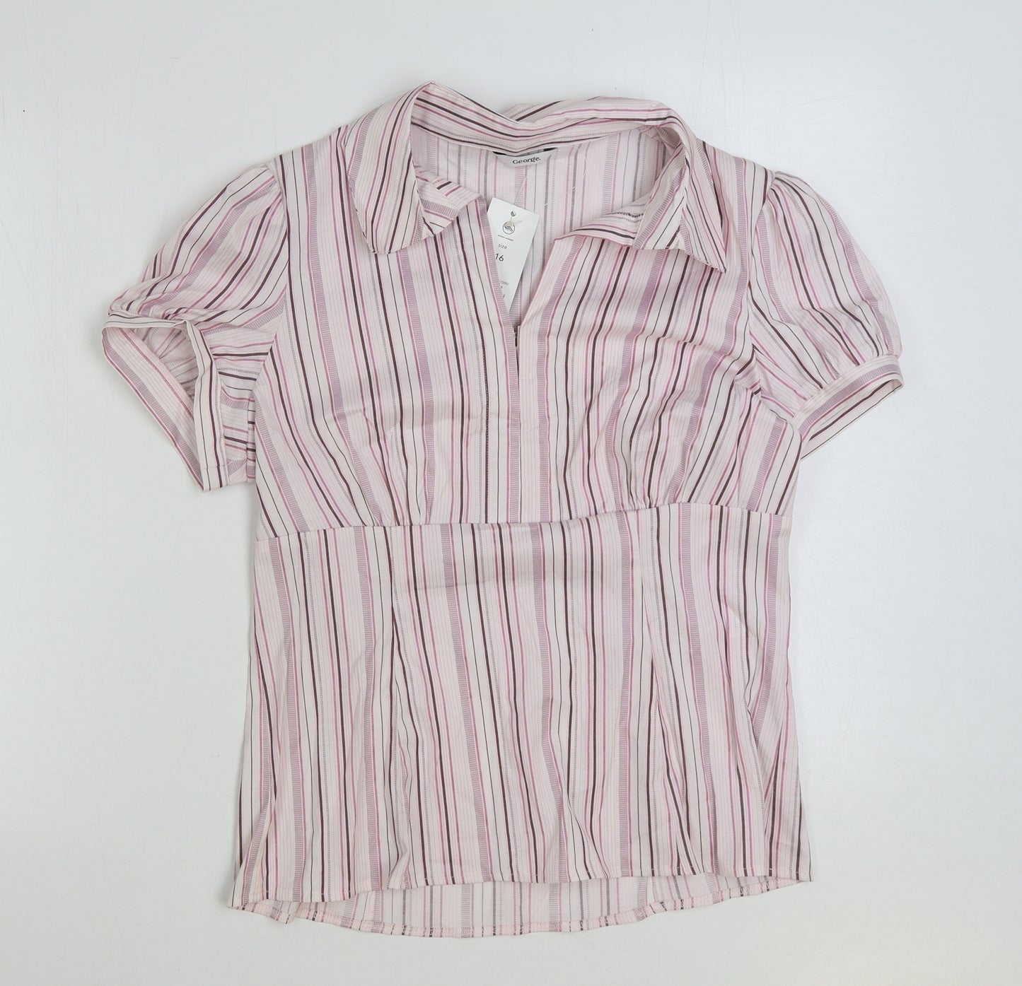 George Womens Pink Striped Polyester Basic Blouse Size 16 Collared