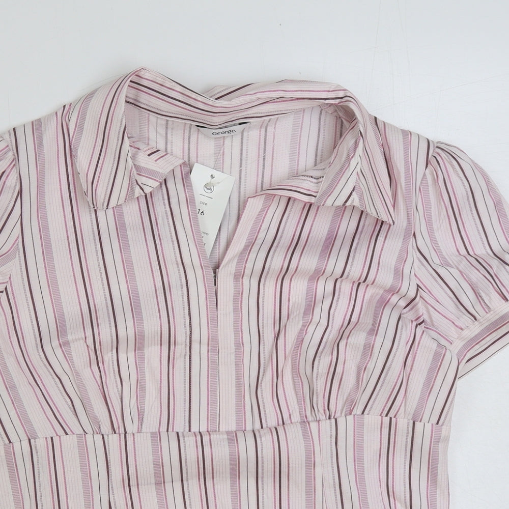 George Womens Pink Striped Polyester Basic Blouse Size 16 Collared