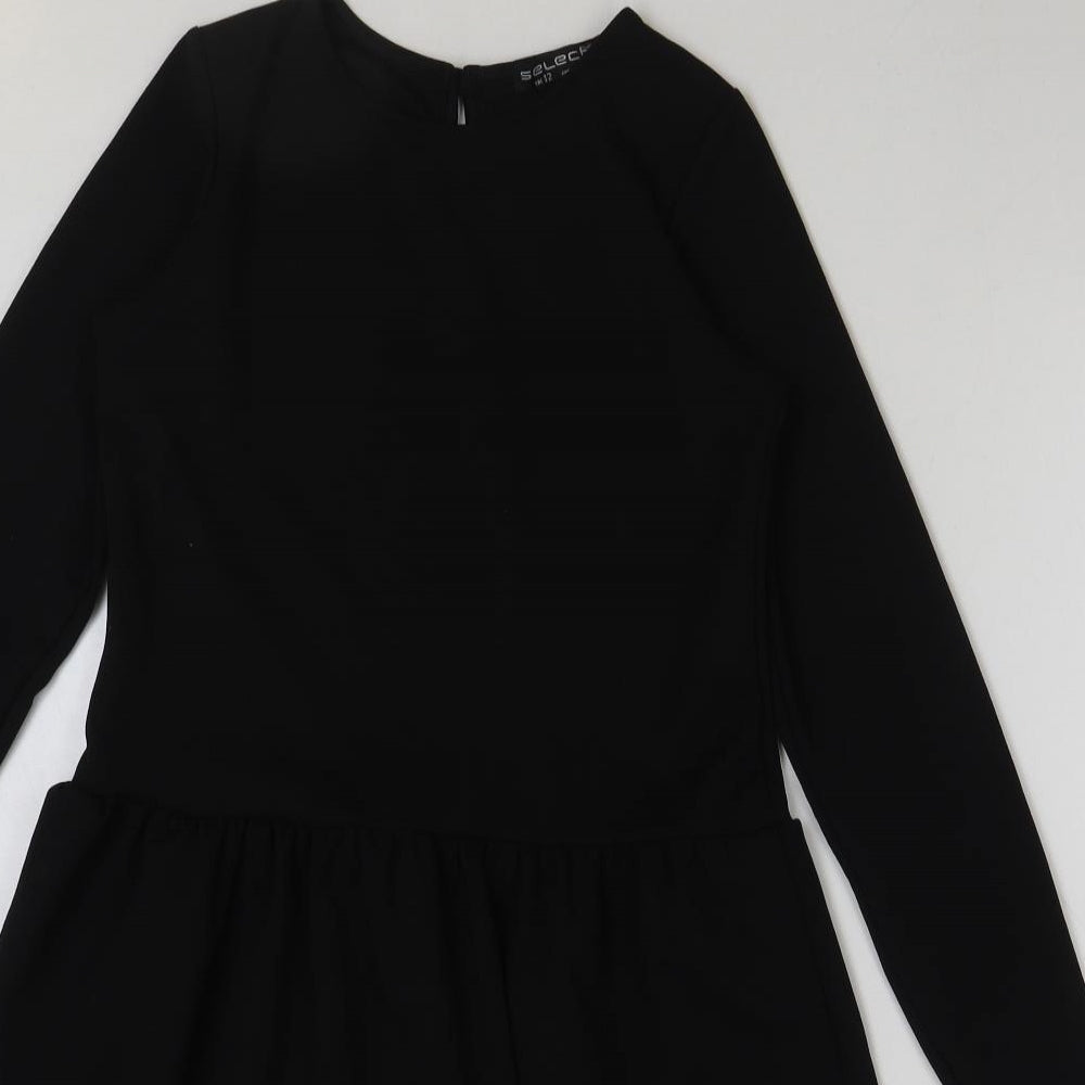 Select Womens Black Polyester A-Line Size 12 Round Neck Button