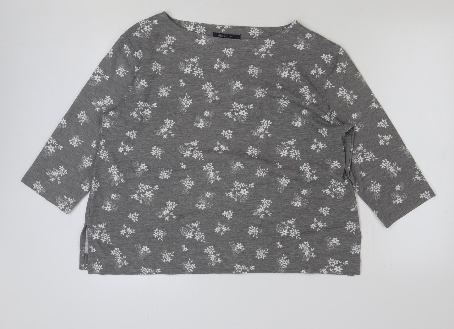 Marks and Spencer Womens Grey Floral Polyester Basic T-Shirt Size 16 Scoop Neck