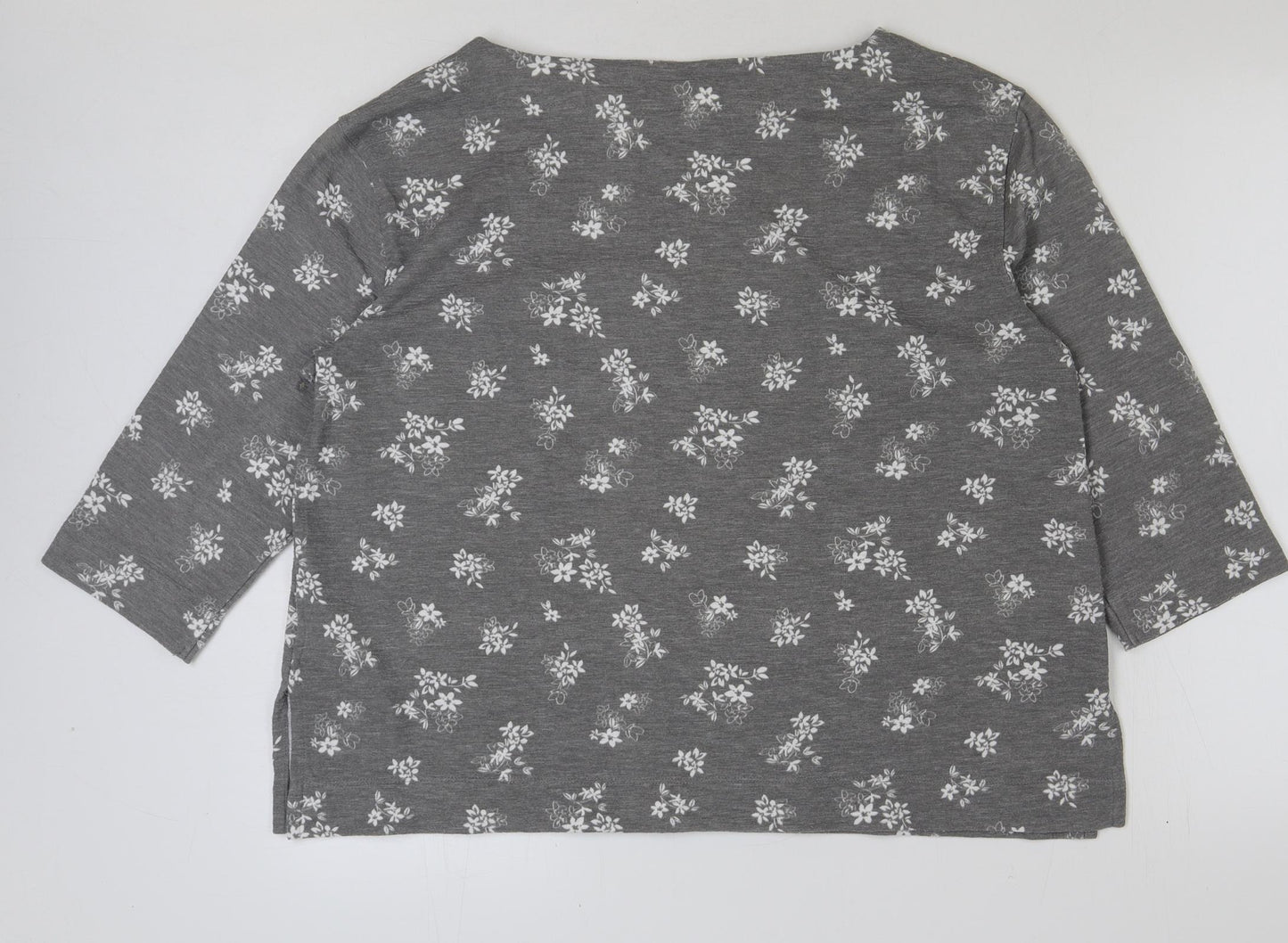 Marks and Spencer Womens Grey Floral Polyester Basic T-Shirt Size 16 Scoop Neck