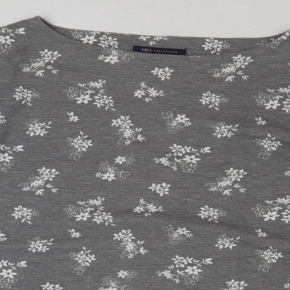 Marks and Spencer Womens Grey Floral Polyester Basic T-Shirt Size 16 Scoop Neck