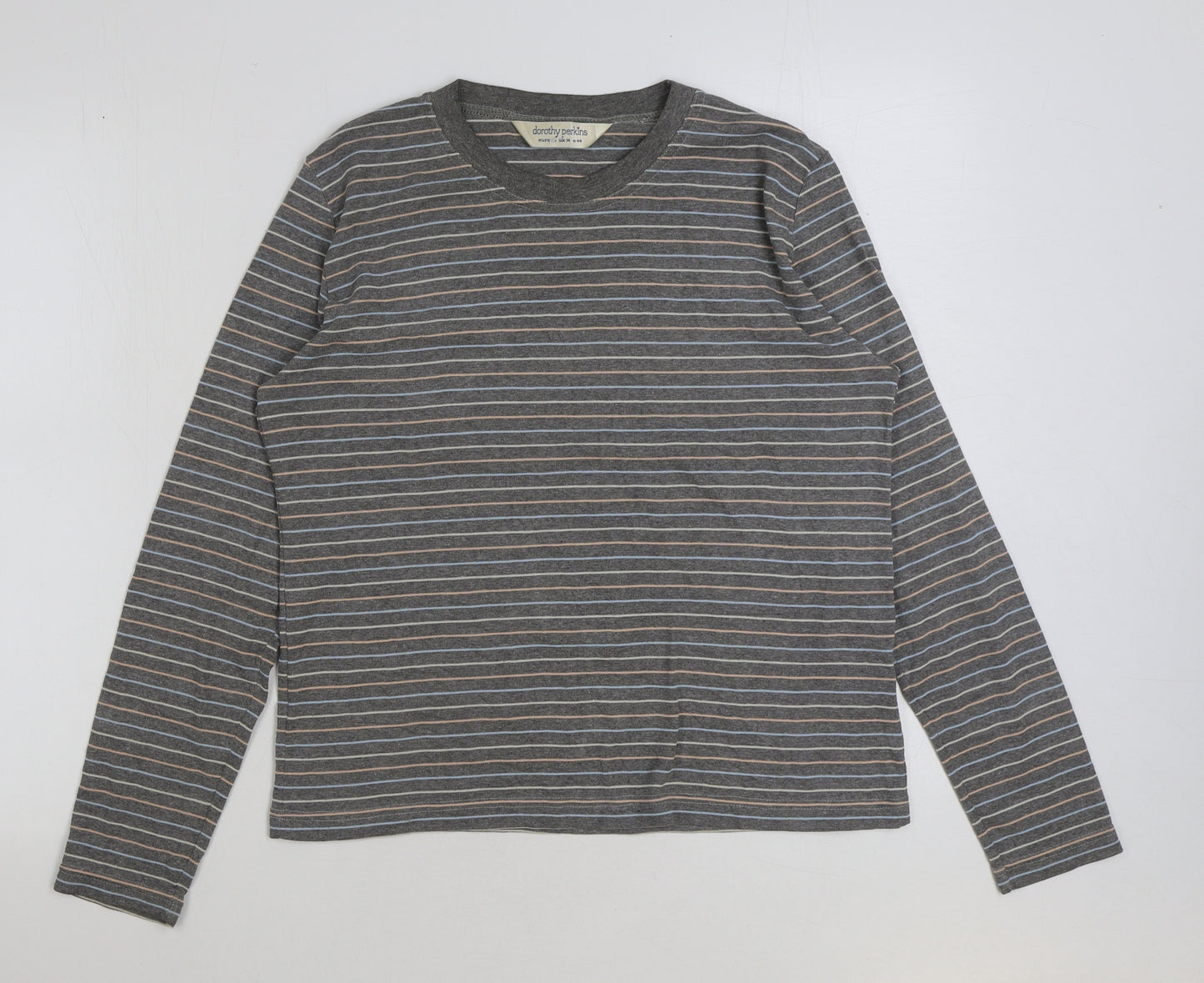 Dorothy Perkins Womens Grey Striped Polyester Basic T-Shirt Size 14 Round Neck