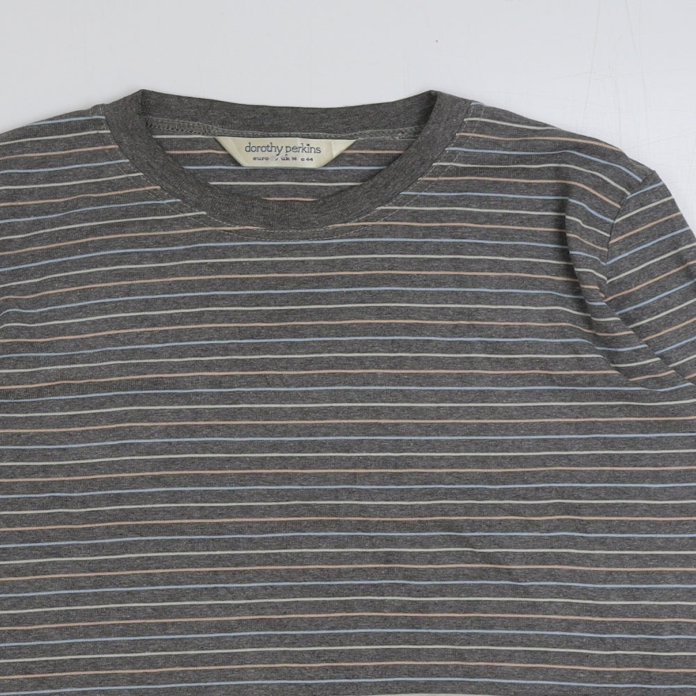 Dorothy Perkins Womens Grey Striped Polyester Basic T-Shirt Size 14 Round Neck