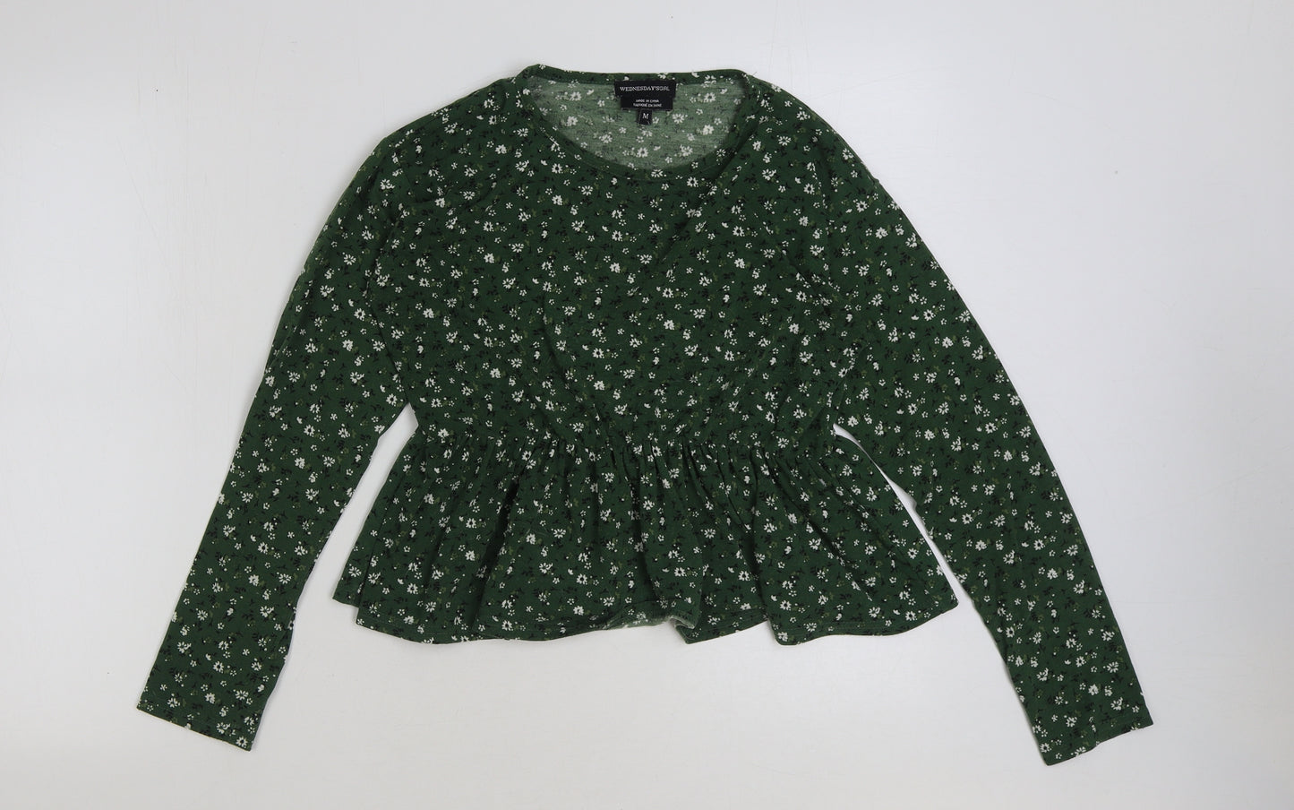 Wednesdays Girl Womens Green Floral Polyester Basic T-Shirt Size M Round Neck
