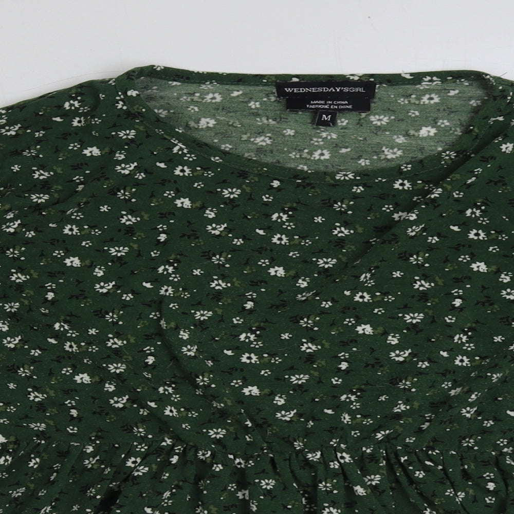 Wednesdays Girl Womens Green Floral Polyester Basic T-Shirt Size M Round Neck