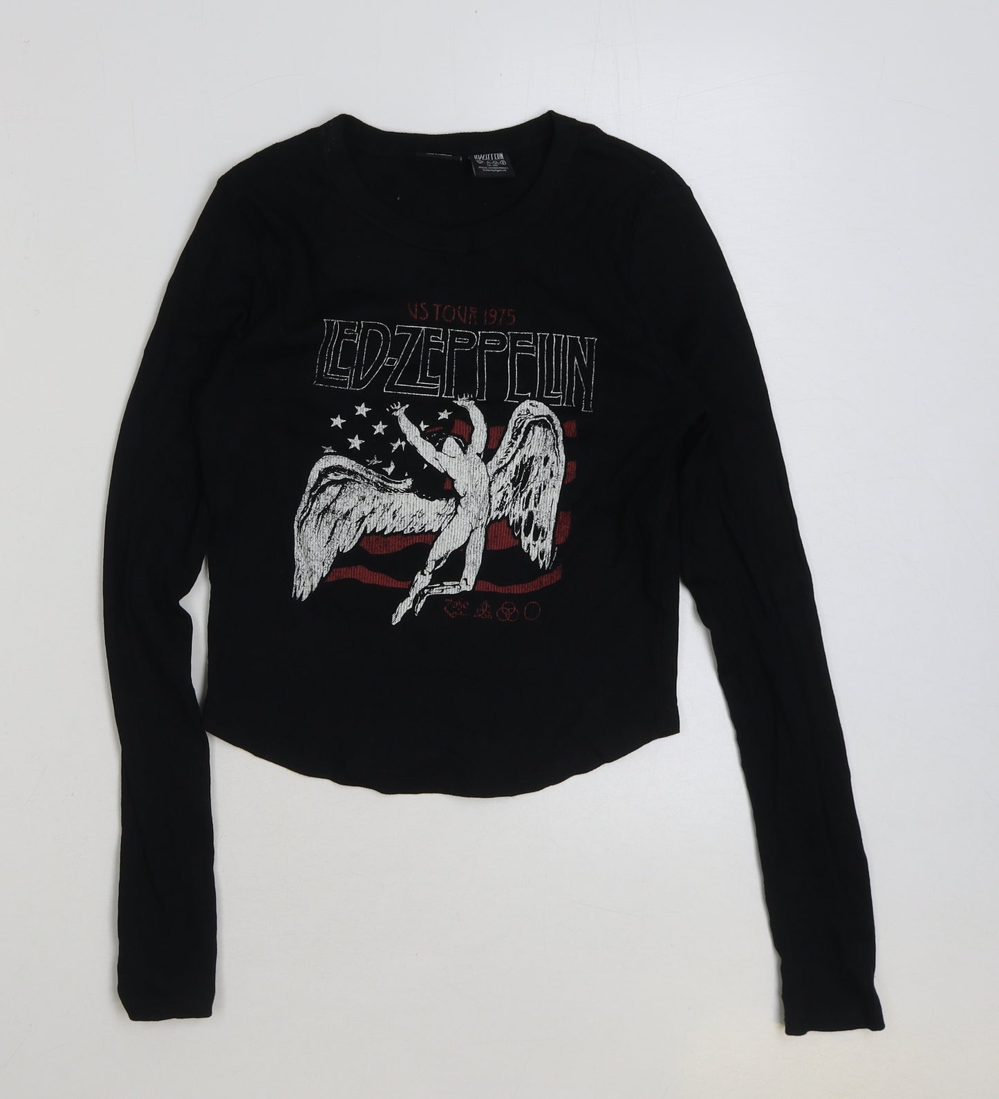 Bershka Womens Black Cotton Cropped T-Shirt Size M Round Neck - Led Zeppelin