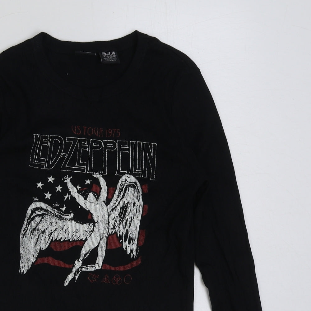 Bershka Womens Black Cotton Cropped T-Shirt Size M Round Neck - Led Zeppelin