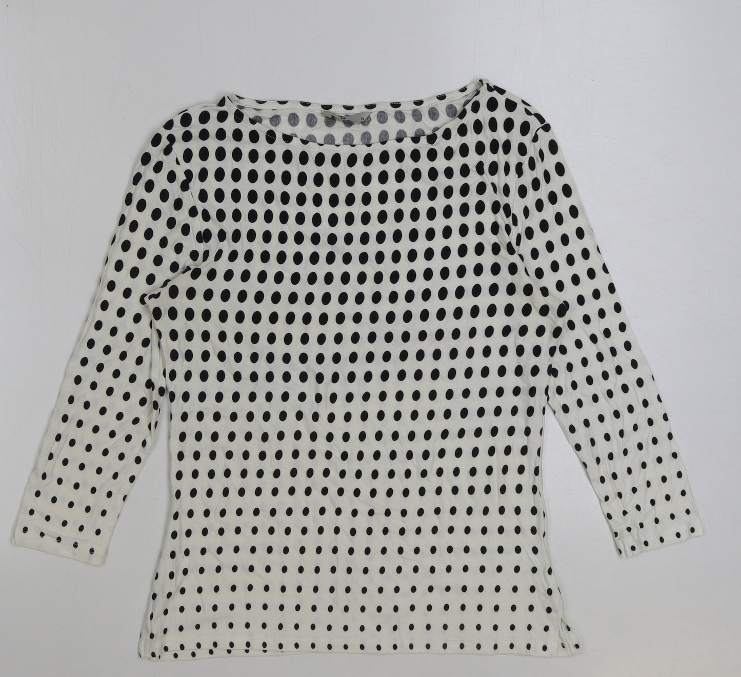 TU Womens White Polka Dot Viscose Basic T-Shirt Size 12 Round Neck