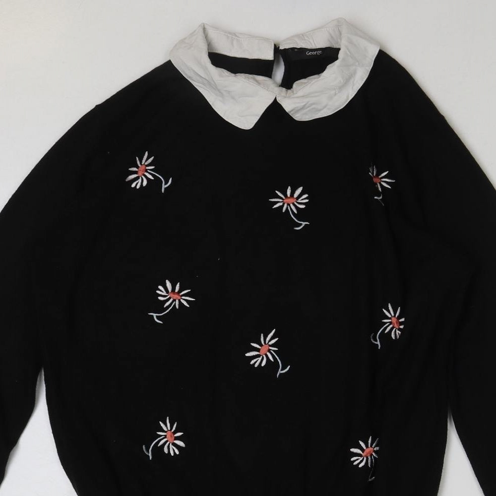 George Womens Black Floral Acrylic Basic T-Shirt Size 16 Collared