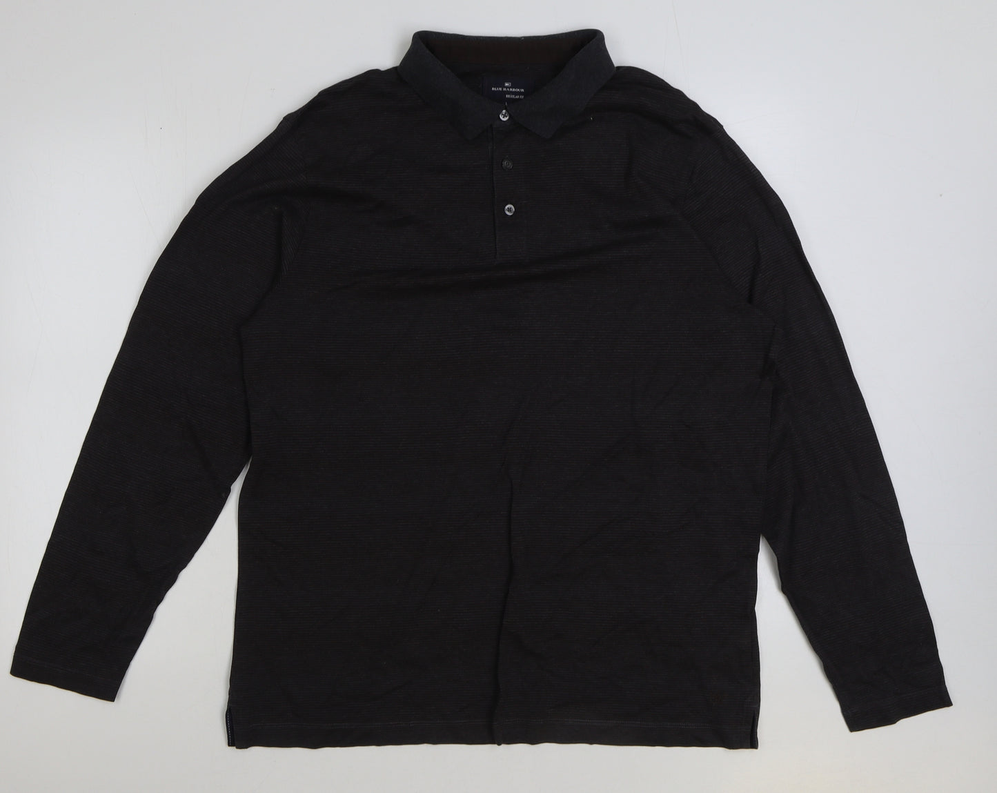 Blue Harbour Mens Grey Striped Polyester Polo Size L Collared Button