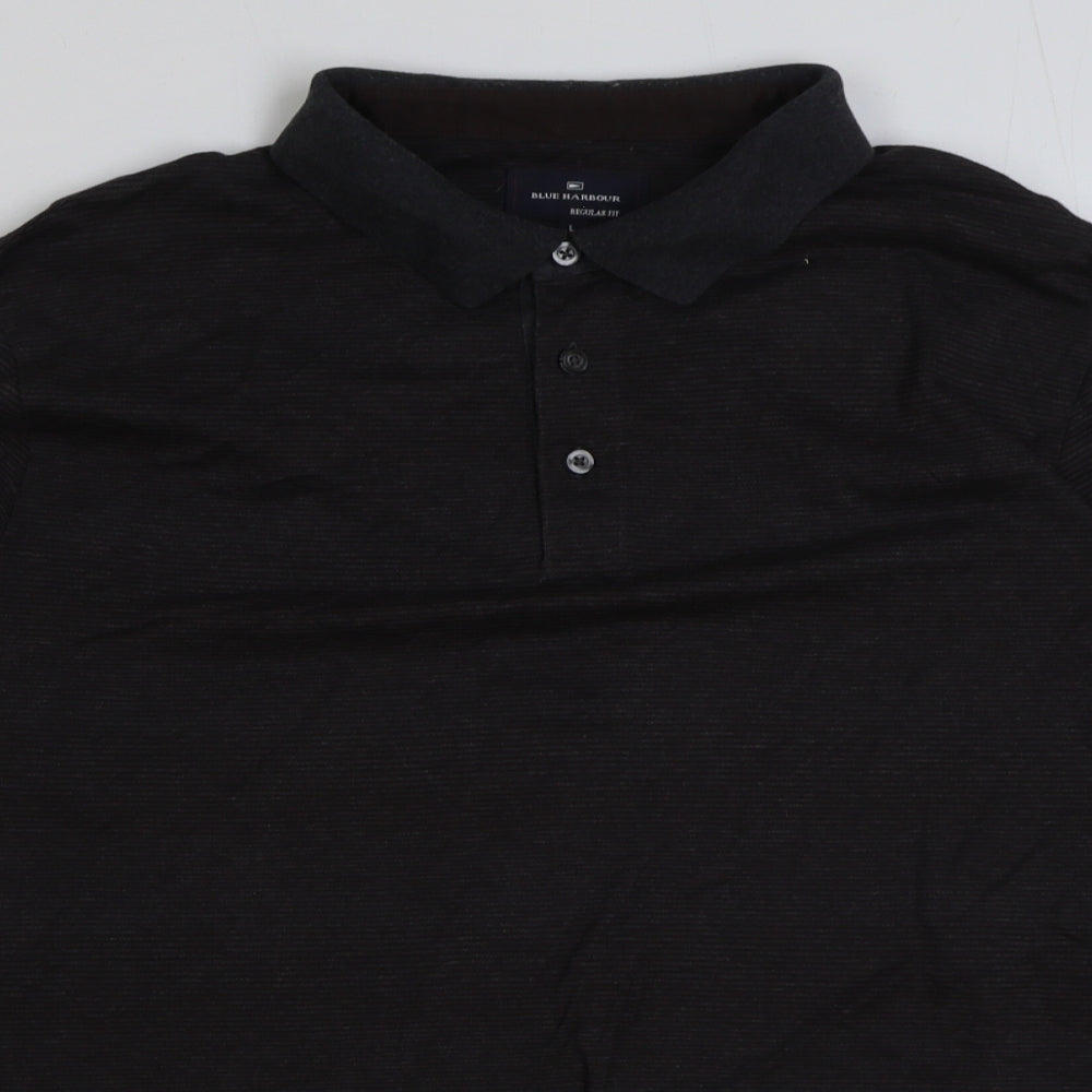 Blue Harbour Mens Grey Striped Polyester Polo Size L Collared Button