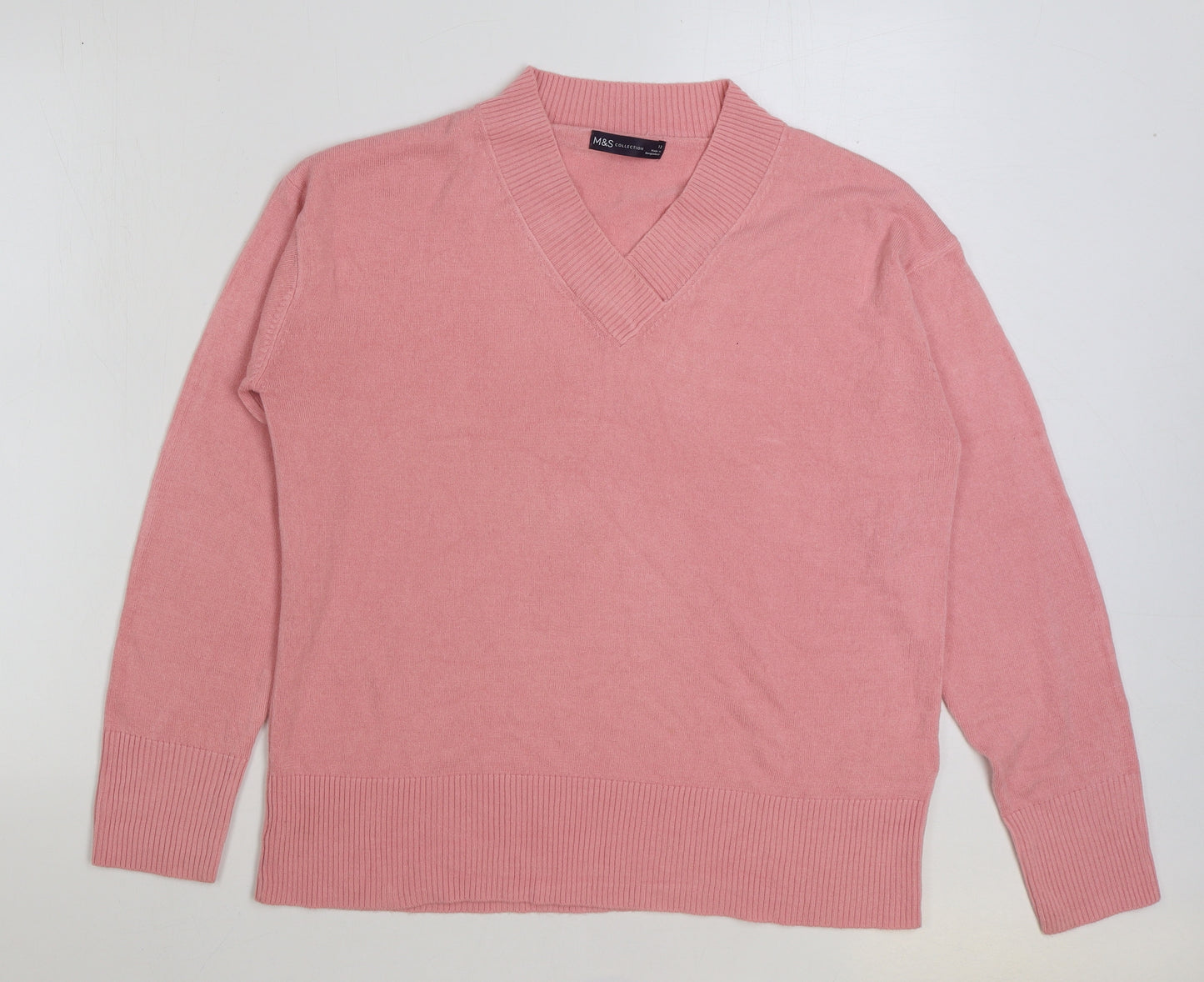 Marks and Spencer Womens Pink V-Neck Acrylic Pullover Jumper Size 12