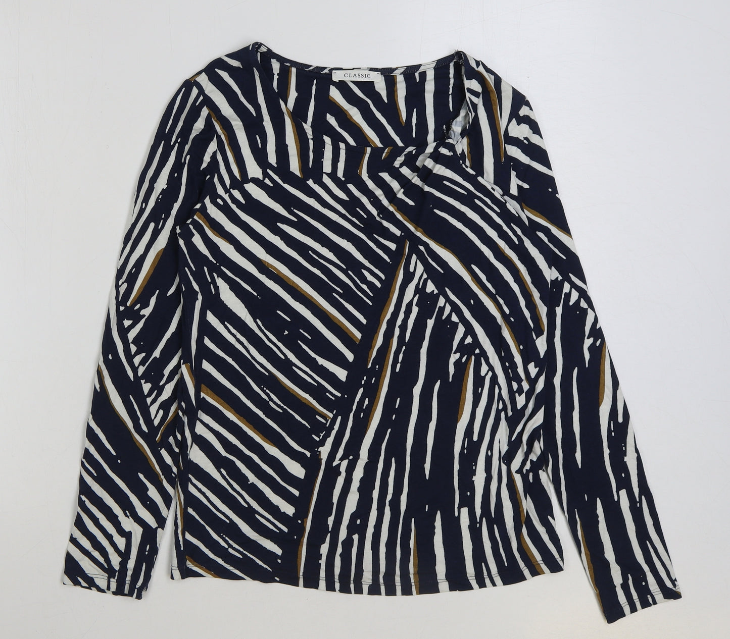 Marks and Spencer Womens Blue Geometric Viscose Basic T-Shirt Size 8 Scoop Neck