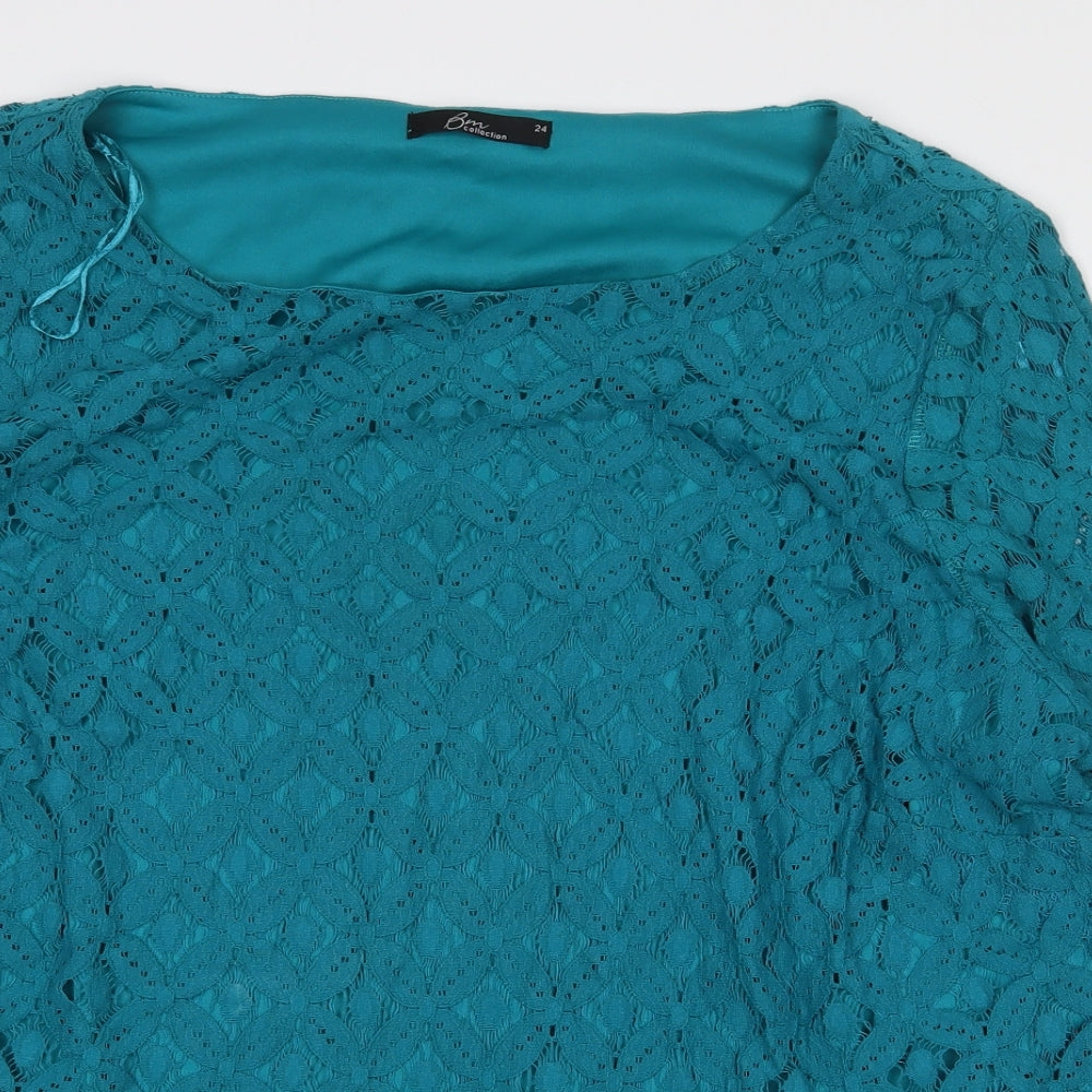 Bonmarché Womens Green Floral Cotton Basic Blouse Size 24 Boat Neck