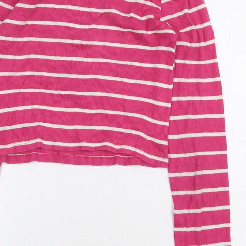 Miss E-Vie Girls Pink Striped Cotton Cropped T-Shirt Size 13-14 Years Round Neck Pullover
