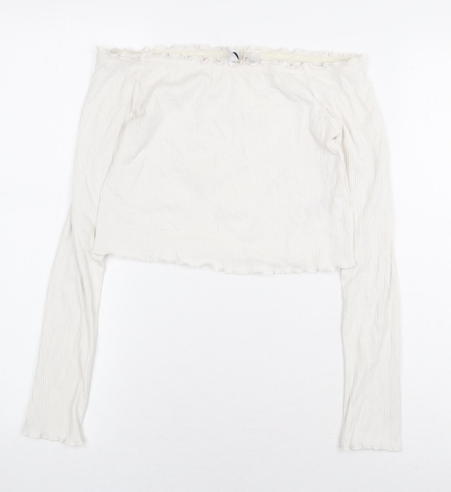 H&M Womens White Cotton Cropped Blouse Size S Off the Shoulder - Ribbed
