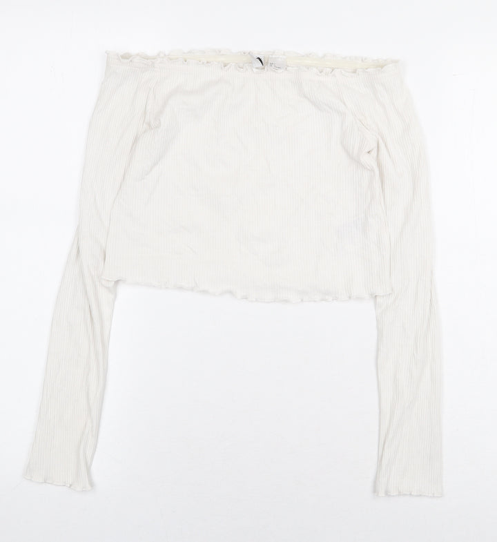 H&M Womens White Cotton Cropped Blouse Size S Off the Shoulder - Ribbed