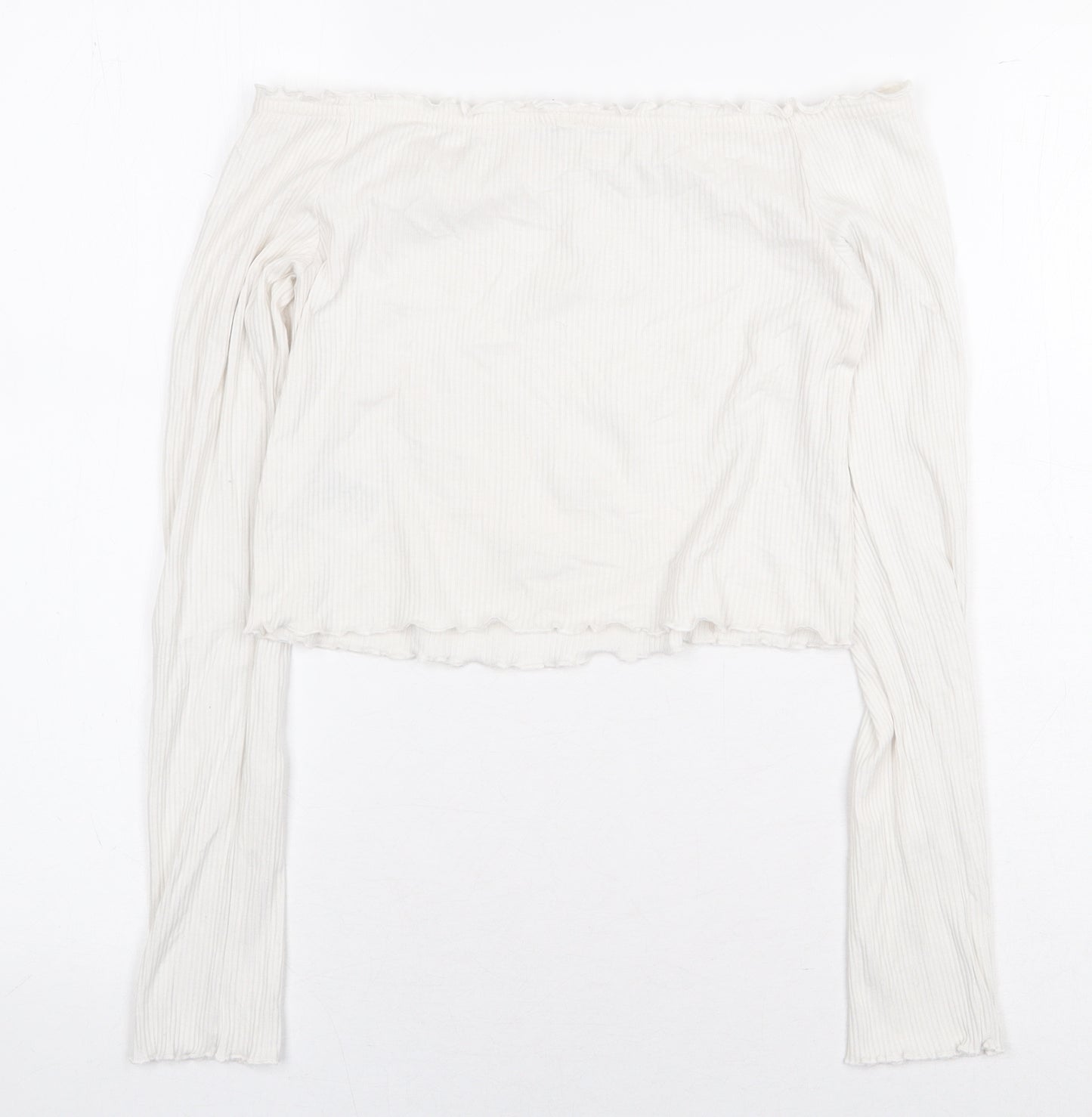 H&M Womens White Cotton Cropped Blouse Size S Off the Shoulder - Ribbed