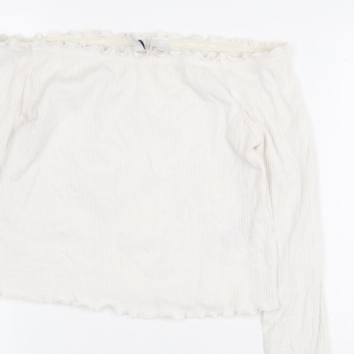 H&M Womens White Cotton Cropped Blouse Size S Off the Shoulder - Ribbed