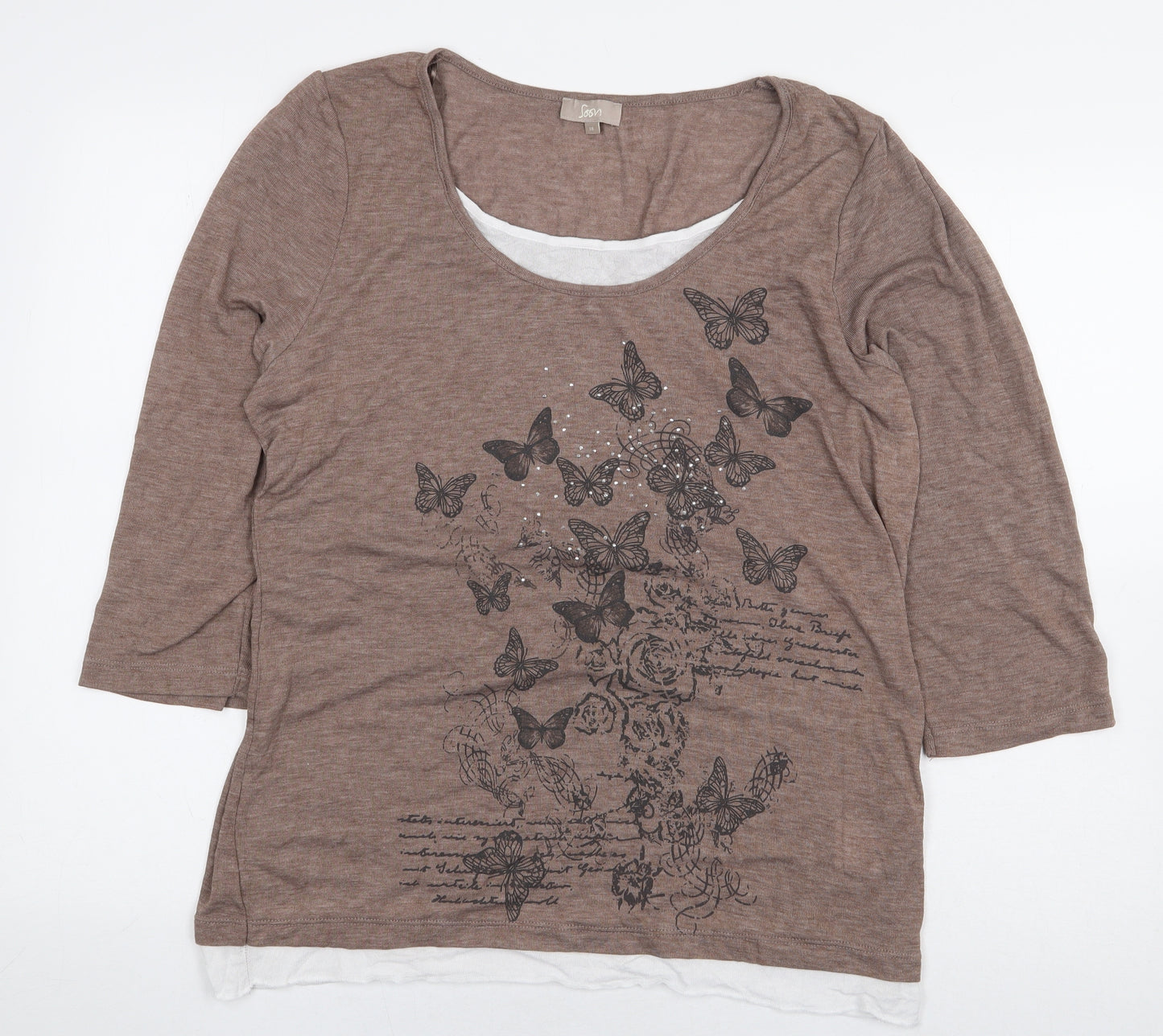 Soon Womens Brown Polyester Basic T-Shirt Size 18 Scoop Neck - Butterflies