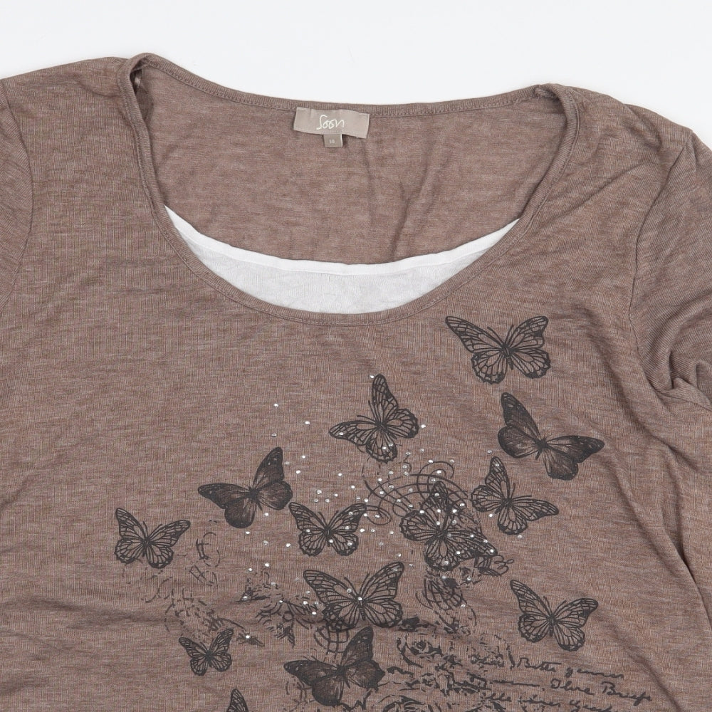 Soon Womens Brown Polyester Basic T-Shirt Size 18 Scoop Neck - Butterflies