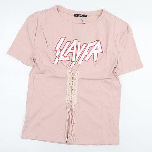 Eight Paris Womens Pink 100% Cotton Basic T-Shirt Size S Round Neck - Lace Up Detail