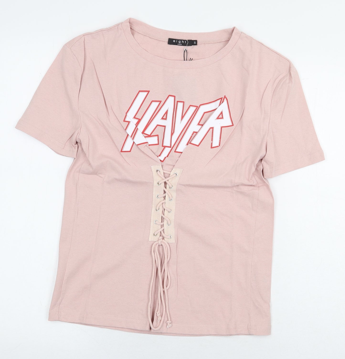 Eight Paris Womens Pink 100% Cotton Basic T-Shirt Size S Round Neck - Lace Up Detail