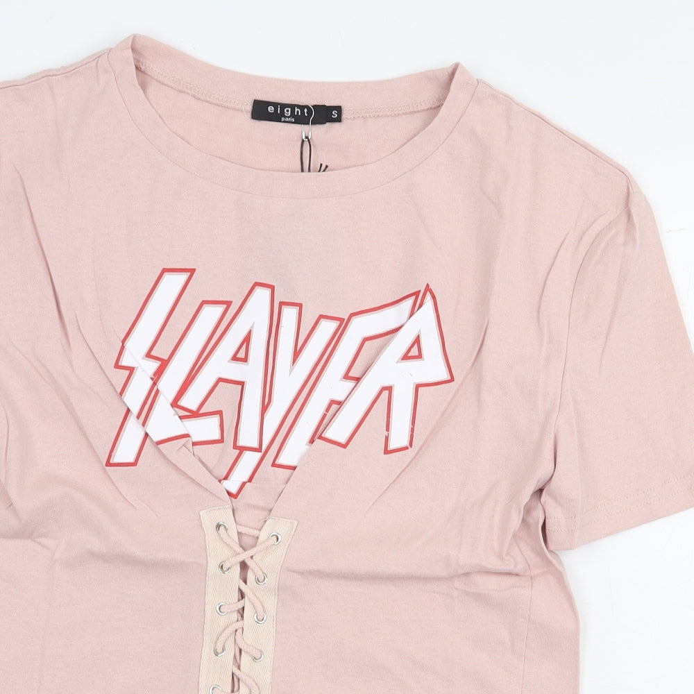 Eight Paris Womens Pink 100% Cotton Basic T-Shirt Size S Round Neck - Lace Up Detail