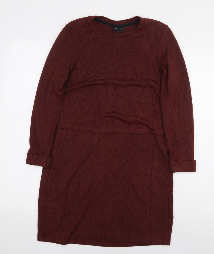 Topshop Womens Brown Acrylic A-Line Size 8 Round Neck Pullover - Back Slit