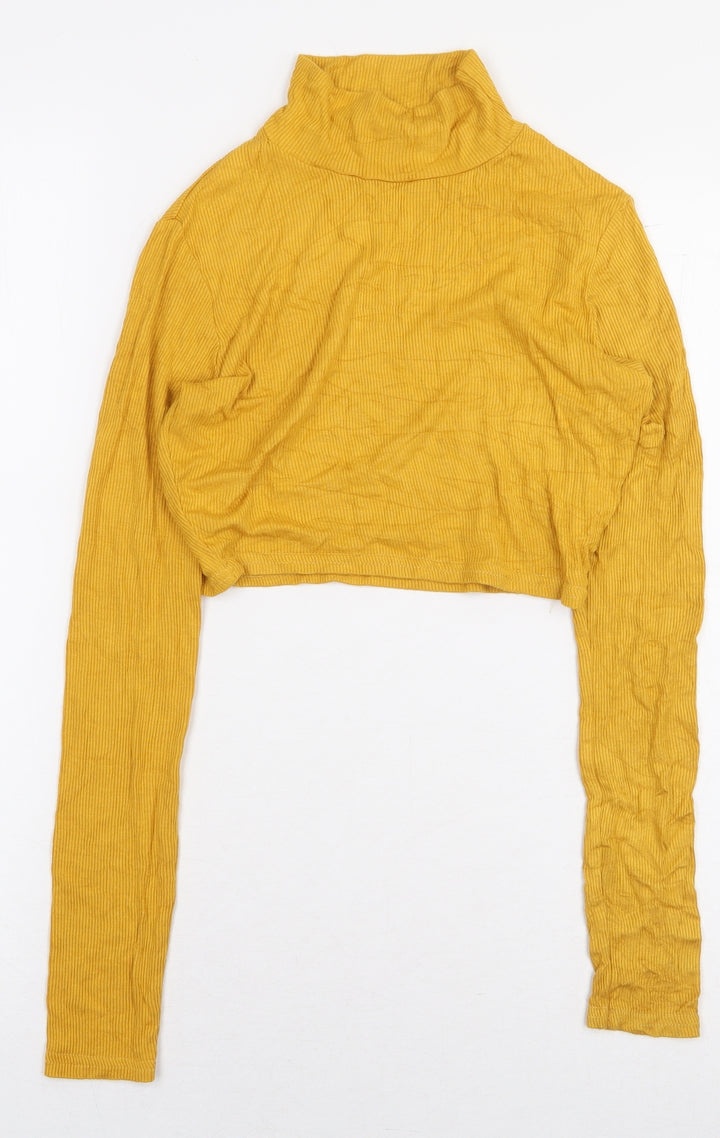 Missguided Womens Yellow Polyester Cropped T-Shirt Size 8 High Neck - Ribbed