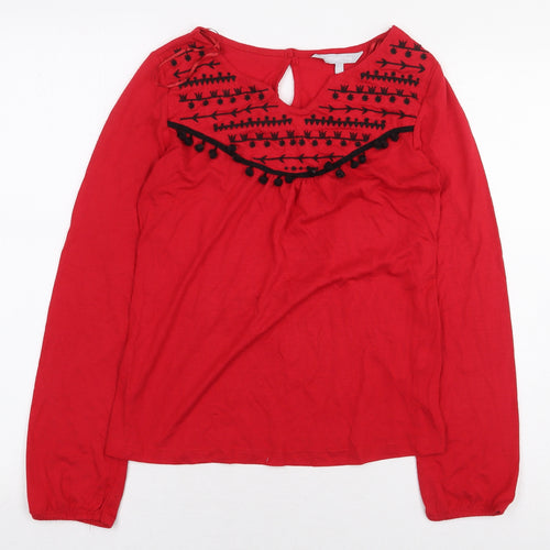 Red Herring Womens Red Geometric Polyester Basic T-Shirt Size 14 V-Neck - Pom Pom Trim