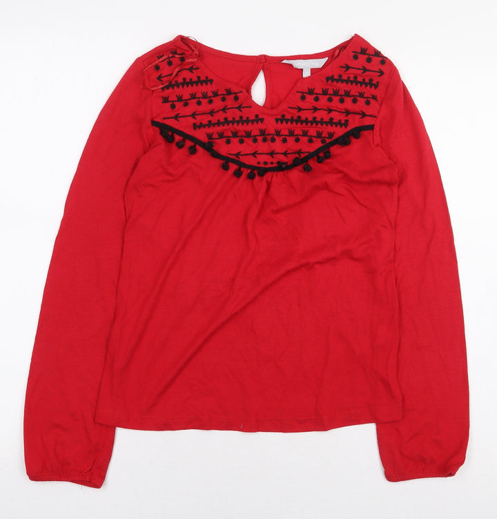 Red Herring Womens Red Geometric Polyester Basic T-Shirt Size 14 V-Neck - Pom Pom Trim