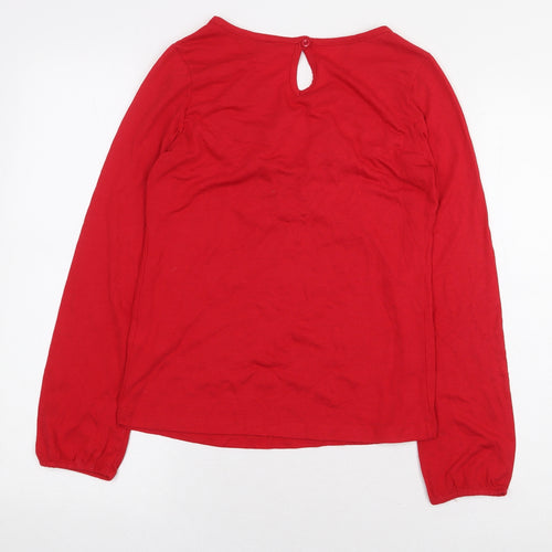 Red Herring Womens Red Geometric Polyester Basic T-Shirt Size 14 V-Neck - Pom Pom Trim