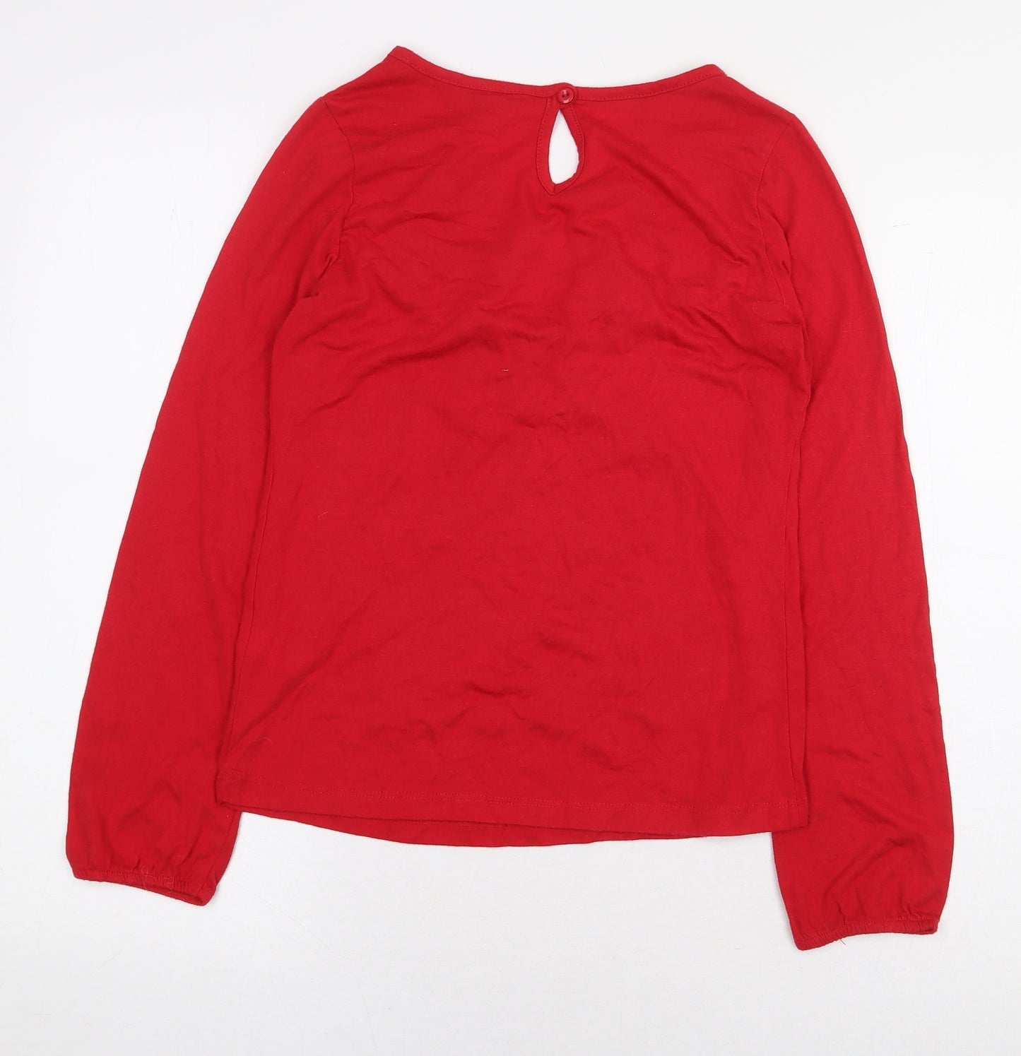 Red Herring Womens Red Geometric Polyester Basic T-Shirt Size 14 V-Neck - Pom Pom Trim